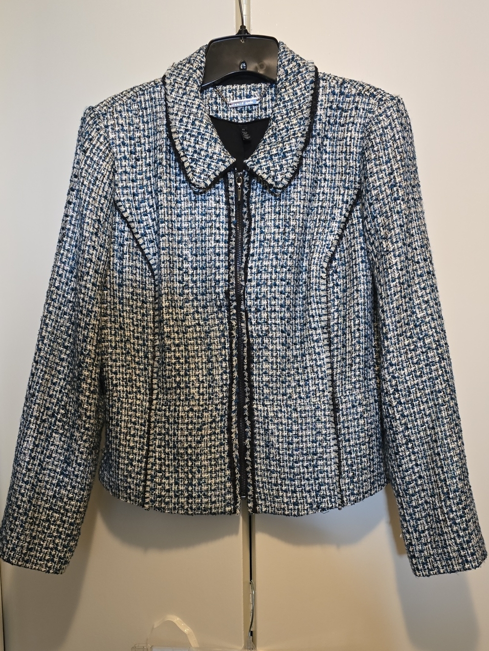 WHBM Teal Blue, Black & White Tweed Zip-Front Jacket